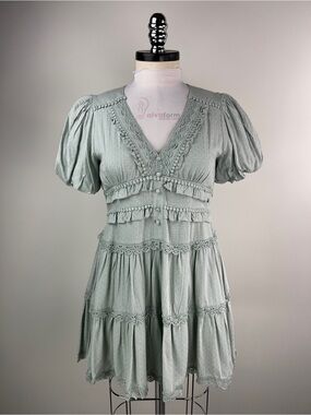 💚 3679. Light Sage Green Tiered Trim Babydoll Dress